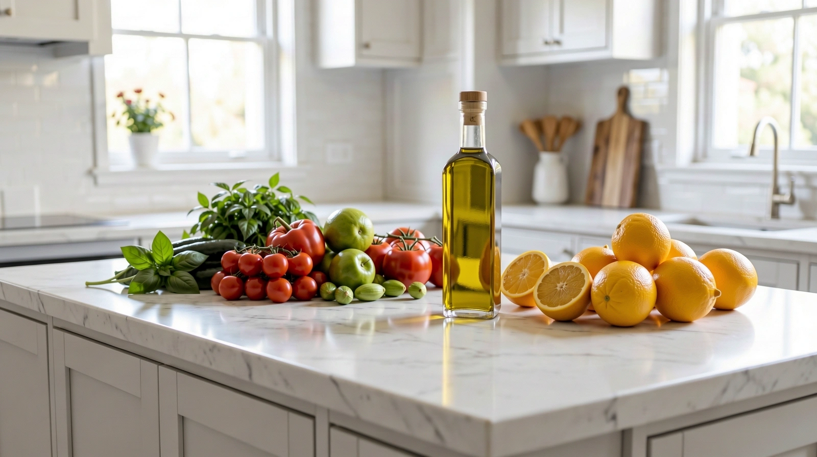 Frische, nährstoffreiche Lebensmittel auf einer Arbeitsplatte