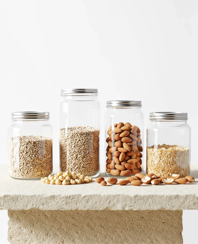 Vollkornprodukte und Nüsse auf einem Steintisch